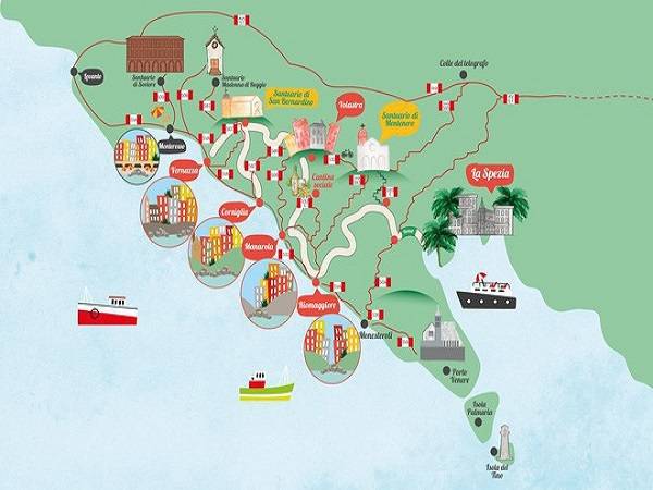 Thứ tự các ngôi làng ở Cinque Terre trên bản đồ Italia