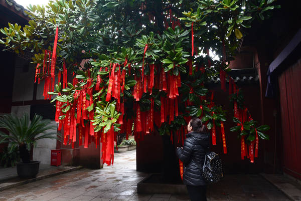 Sân miếu có nhiều cây ước nguyện được du khách viết lên dải lụa đỏ và treo lên, cầu bình an, may mắn.
