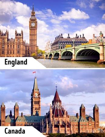 Một ví dụ khác cho cặp công trình "sinh đôi" là đồng hồ Victoria ở Anh và tháp đồng hồ Hòa Bình ở Canada. Kiến trúc hai tháp đồng hồ tương tự nhau chỉ khác về bối cảnh xung quanh. Ở Canada, tháp Hòa Bình không đi kèm Cung điện Westminter hay cạnh bờ sông Thames.