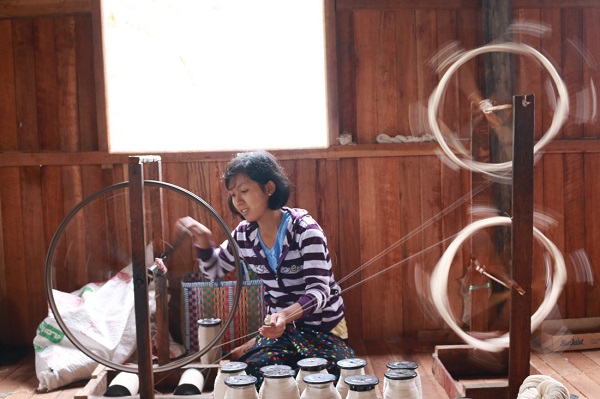 Thiếu nữ Myanmar quay những sợi tơ được làm bằng sen - Ảnh: Bông Mai