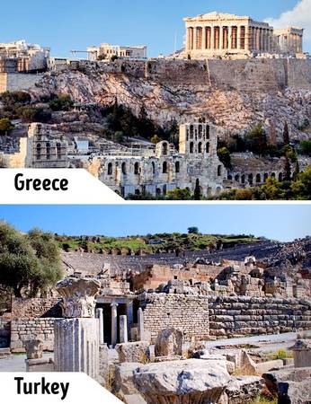 Thành phố cổ Acropolis vẫn còn giữ được các nhà hát, đền đài với nhiều cột lớn điển hình kiến trúc Hy Lạp. Ở đất nước láng giềng Thổ Nhĩ Kỳ cũng có Ephesus - một thành phố cổ với nhiều nét tương đồng với giá trị lịch sử cao nhưng không nổi tiếng như Acropolis.