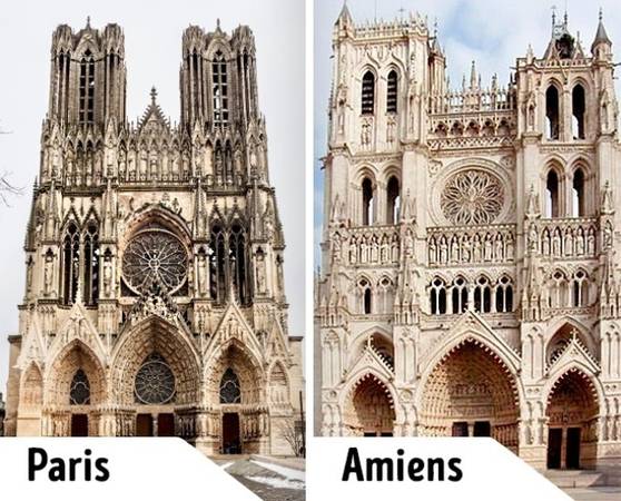 Cả hai Nhà thờ Đức Bà này đều nằm ở Pháp nhưng một ở Paris, một ở Amiens. Nhà thờ ở Paris được biết tới nhiều hơn qua tác phẩm Nhà thờ Đức Bà Paris của Victor Hugo bởi vậy du khách khắp nơi kéo tới tham quan. Còn nhà thờ tại Amiens không có được may mắn đó. Tuy nhiên, du khách đến nhà thờ Đức Bà ở Amiens có thể khám phá kiến trúc gothic bất kể lúc nào mà không phải chen lấn với đám đông.