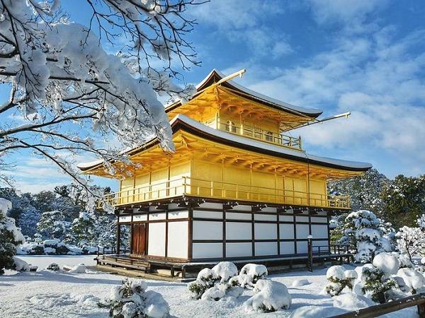 Màu sơn dát vàng của ngôi chùa Phật giáo Kinkakuji (Kim Các Tự, tức chùa Gác Vàng) sáng bừng giữa nền trời xanh, mây trắng, tuyết tinh tươm