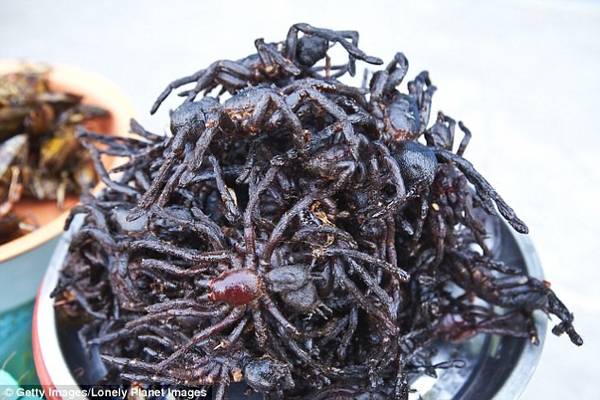 Khu chợ của thị trấn Skuon ở Campuchia có món đặc sản thường xuyên nằm trong danh sách những món ăn đáng sợ nhất thế giới, đó là món nhện đen. Ảnh: Lonelyplanet.