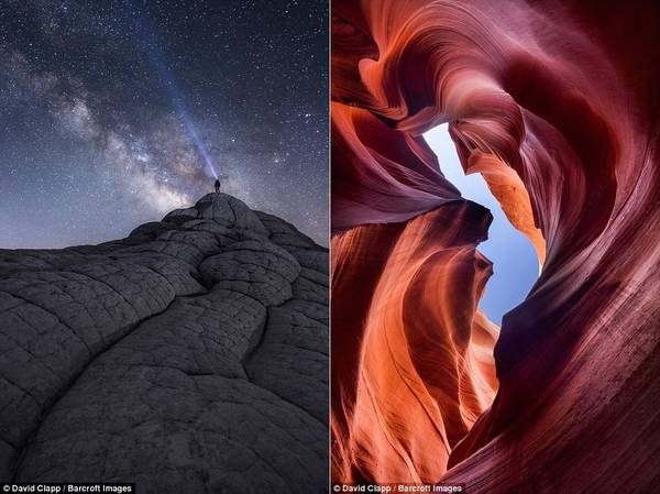 Khung cảnh xuất hiện trong ảnh rất phong phú, như một người đeo đèn pin ở White Pocket (ảnh trái), hay hẻm núi Lower Antelope ở Page, Arizona. 