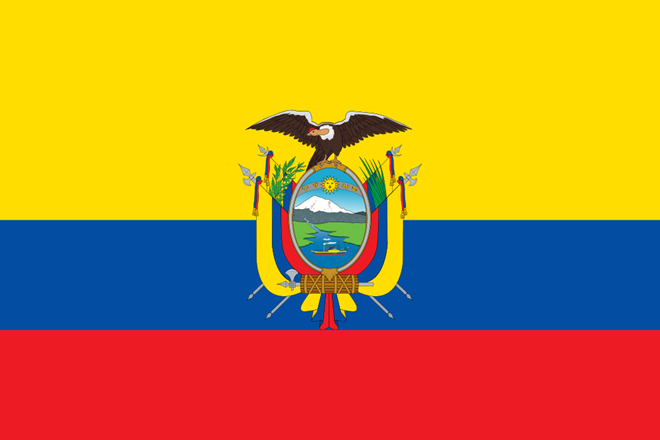 Quốc kỳ của Ecuador gồm 3 dải màu và quốc huy có thiết kế phức tạp ở giữa.