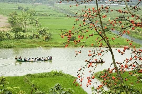 Ngồi trên chiếc thuyền nhỏ, ngắm nhìn sông nước và những chùm hoa đỏ rực rỡ tại chùa Hương.(Ảnh: Internet)