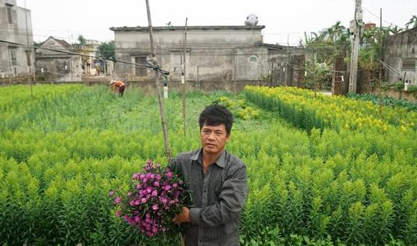 Anh Đoàn Xuân Toàn, xóm Mỹ Tiến 2 phụ giúp vợ bó hoa, chuẩn bị cho buổi chợ ngày mai.