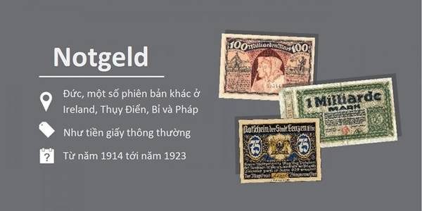 Notgeld: Notegeld (nghĩa là "tiền khẩn cấp" trong tiếng Đức) được dùng trong giai đoạn đầu của Thế chiến II, khi không đủ kim loại để đúc tiền xu. Được sử dụng từ 1914 tới 1923, Notgeld đạt đỉnh cao vào giai đoạn 1922-1923. Lượng Notgeld được phát hành vào giai đoạn đó nhiều đến mức phải dùng cả lụa và bìa làm nguyên liệu.