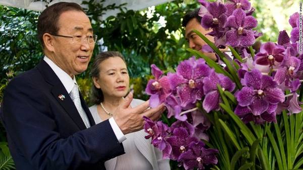 Tổng thư ký Liên Hợp Quốc, ông Ban Ki-moon và vợ, bà Yoo Soon-taek, trước loài phong lan được đặt theo tên họ.