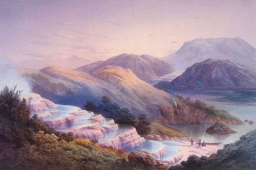 Hình ảnh những bậc thang tuyệt đẹp ở hồ Rotomahana trong một bức họa của John Barr Clarke (1835-1913)
