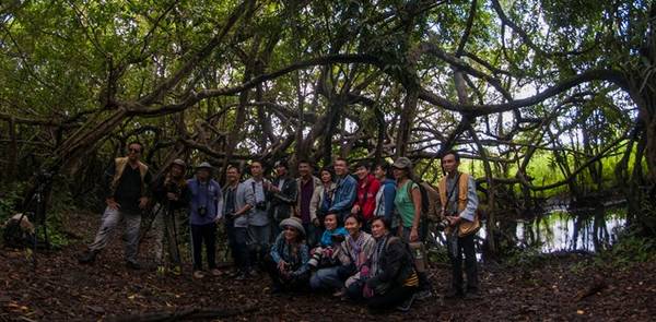Các thành viên CLB Nhiếp ảnh &amp; Du lịch chụp ảnh lưu niệm bên cây si 300 tuổi, thân mọc chằng chịt, cách khu trung tâm điều hành 16 km đường rừng. Đây là nơi xa nhất du khách được phép tham quan.