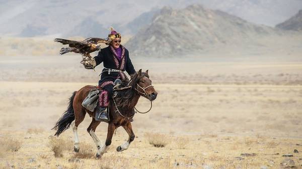 Bộ tộc Kazakhs có khoảng 100.000 người là cộng đồng thiểu số lớn nhất ở Mông cổ. Họ thường sống xung quanh dãy Altai. Những thợ săn cùng đại bàng không mang chúng đến nơi có đông người sinh sống, bởi chim thường bị đau tim khi phải nghe tiếng ồn, tiếng còi ô tô hay còi báo động. 