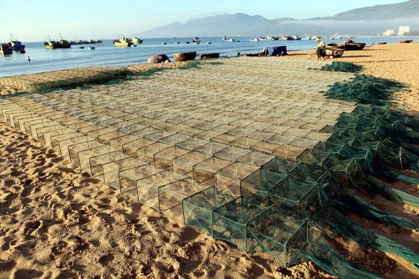 Du lịch Bình Định - Lờ dùng để đánh bắt tôm được phơi trên bãi biển sau khi thu hoạch