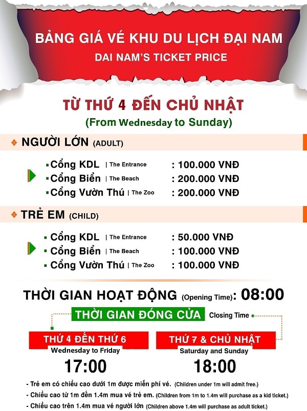Bảng giá vé vào cổng khu du lịch Đại Nam Văn Hiến mới nhất