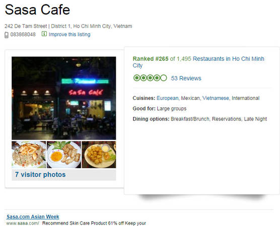 Thông tin về Sa Sa Café trên trang Tripadvisor.