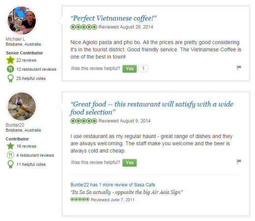 Những lời nhận xét của các khách hàng về Sa Sa Café trên trang Tripadvisor.