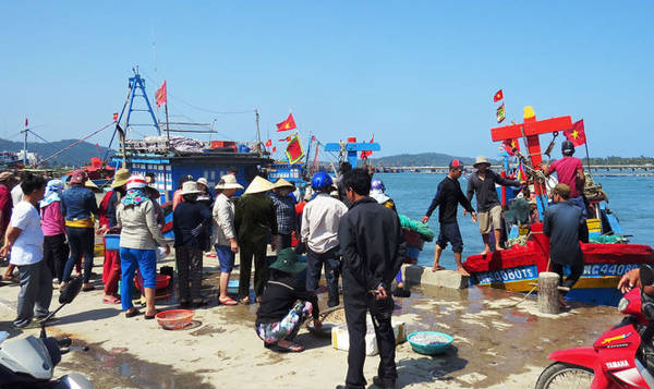 Tiểu thương chờ thu mua cá cơm mồm tại bến cá Sa Huỳnh - Ảnh: Minh Kỳ