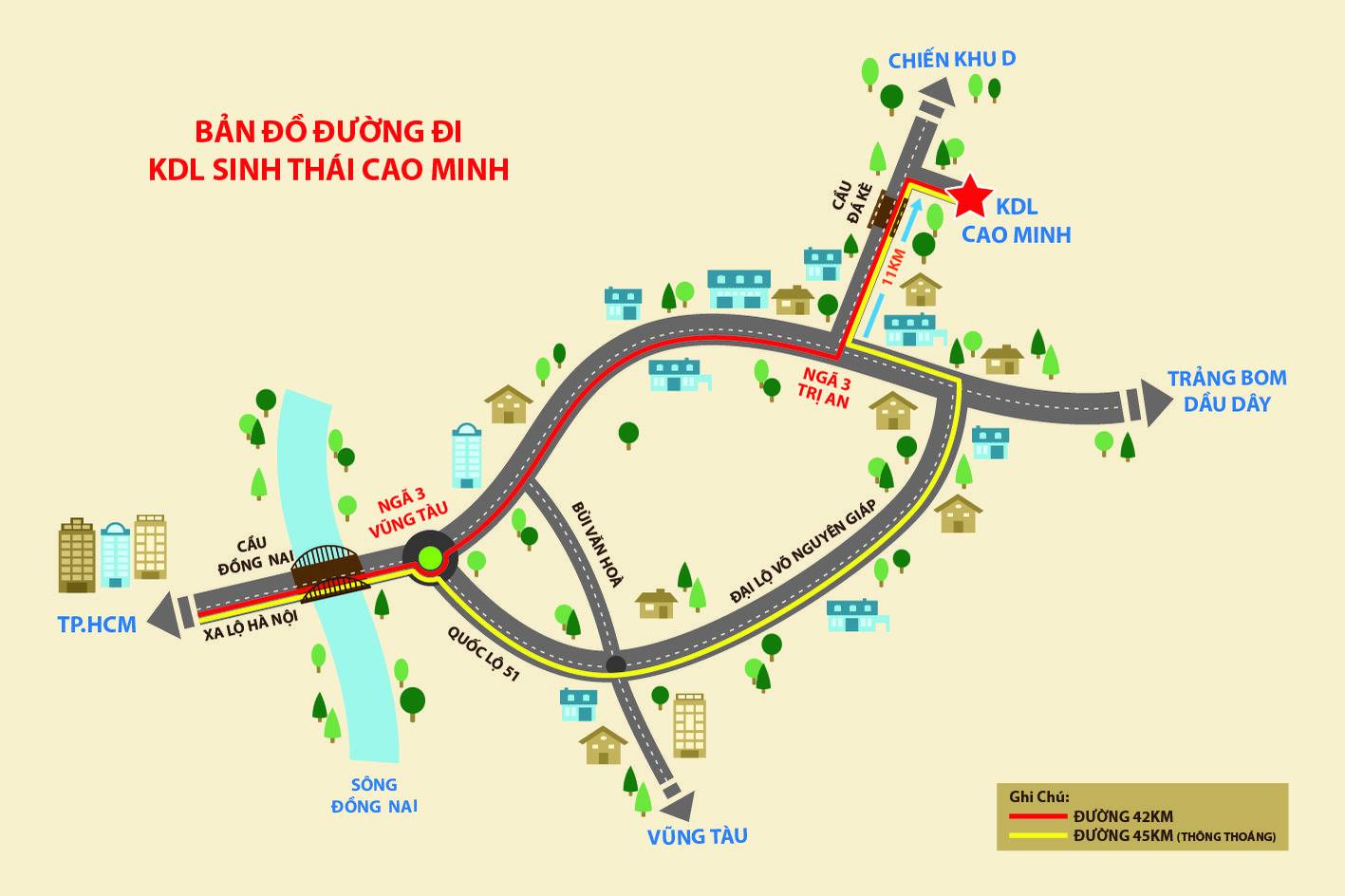 Bản đồ hướng dẫn di chuyển đến KDL Cao Minh