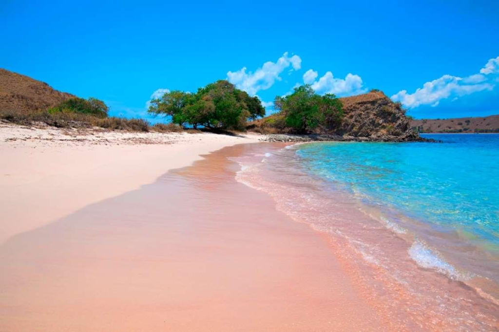 9. Bãi biển cát hồng đảo Komodo, Indonesia: Khi đã quá quen với những bãi biển cát trắng và vàng, bạn hãy tới đây để có thêm một trải nghiệm mới. Nằm trên hòn đảo nổi tiếng với loài rồng Komodo, bãi biển này cũng rất thu hút du khách. Màu hồng nơi đây là do sự hiện diện của san hô đỏ có trong thành phần của cát.