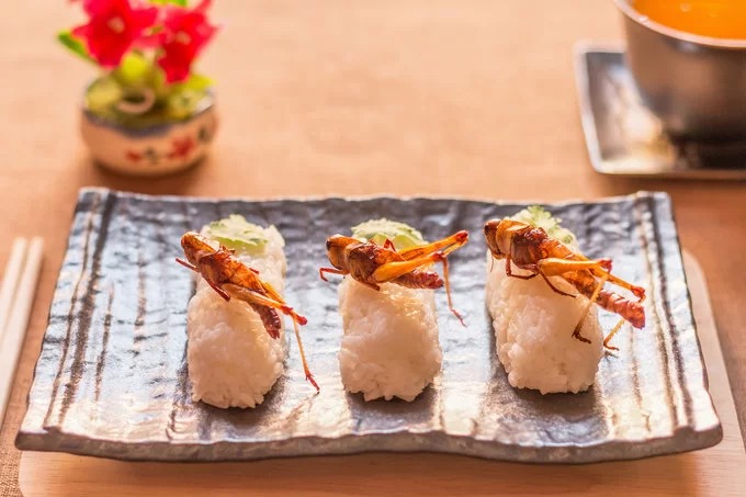 Sushi côn trùng: Sushi là món ăn phổ biến ở đất nước mặt trời mọc. Ngoài cá và hải sản, món ăn này còn được biến tấu bằng cách sử dụng côn trùng như nhện, ong, sâu, ấu trùng. Nhà văn Shoichi Uchiyama từng đề cập trong cuốn sách nấu ăn thực đơn là các món làm từ côn trùng. Ông cho rằng sushi thịt nhện là ngon nhất vì chúng mềm và thơm. Cách chế biến tốt nhất là rim chúng trong chảo sau đó ăn kèm với cơm trắng như các món sushi truyền thống khác. Ảnh: CK Bangkok.