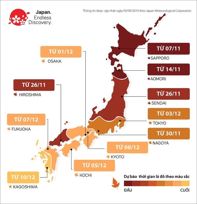 Dự báo mùa lá vàng, đỏ ở Nhật Bản năm 2019. Ảnh: JNTO.