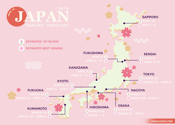 Bản đồ thời điểm hoa anh đào nở tại Nhật trong năm 2018 - Ảnh: I Am Aileen
