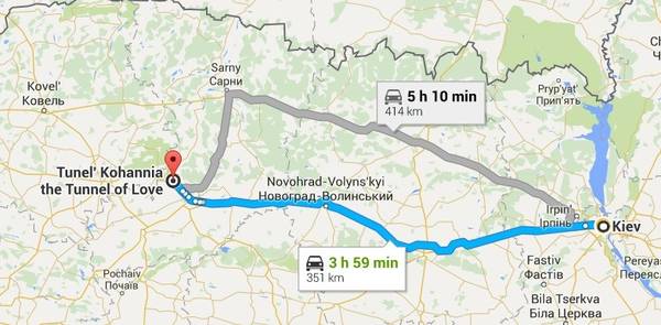 "Đường hầm Tình yêu" nằm gần khu vực Klevan, cách thủ đô Kiev của Ukraine 414 km, khoảng 5 giờ chạy xe ôtô. Ảnh chụp từ Google Maps.