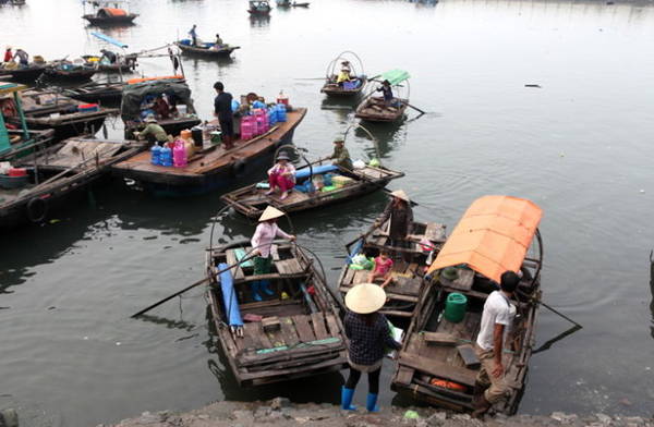 Thuyền chở khách từ bờ ra tàu lớn ngoài vịnh - Ảnh: Thủy Trần