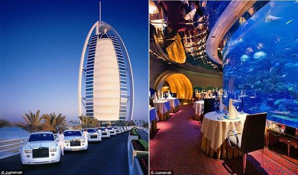 Burj Al Arab có đội xe Rolls Royces phục vụ khách hàng. Ngoài ra, bạn còn có thể ăn tối ở nhà hàng được đặt quanh bể thủy sinh khổng lồ.