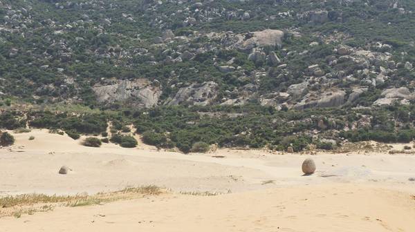 Một hòn đá đặc biệt tròn như quả trứng giữa đồi cát Nam Cương.