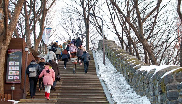 Khách tham quan có thể đi cáp treo Namsan lên núi, rồi đi bộ lên tháp ngắm cảnh đẹp hai bên.