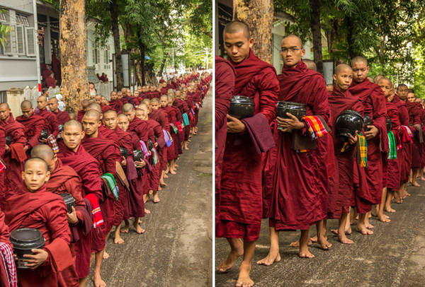 Các tu sĩ đi khất thực trên đường phố Mandalay. Ảnh: Escapology