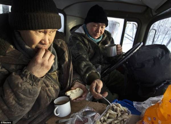 Hai vợ chồng người Nga đang ăn trưa trong cabin xe tải của họ trong khu rừng phía ngoài Tomor - Ảnh: Daily Mail