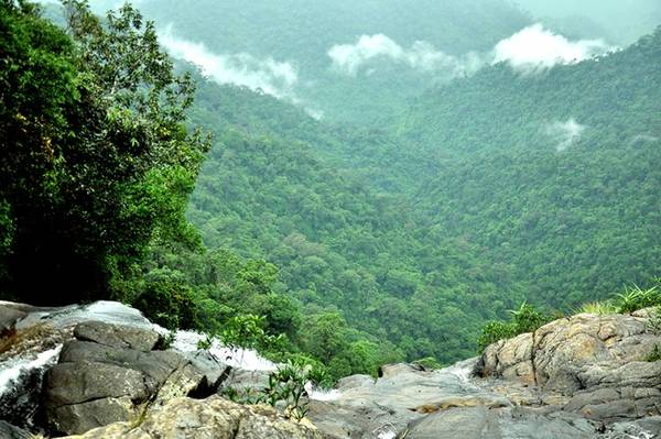 Từ đỉnh thác Đỗ Quyên chúng tôi ngậm ngùi nghe dòng nước chảy và ngắm phong cảnh phía xa xa.