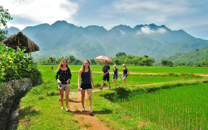 Du khách dạo chơi trong thung lũng Mai Châu