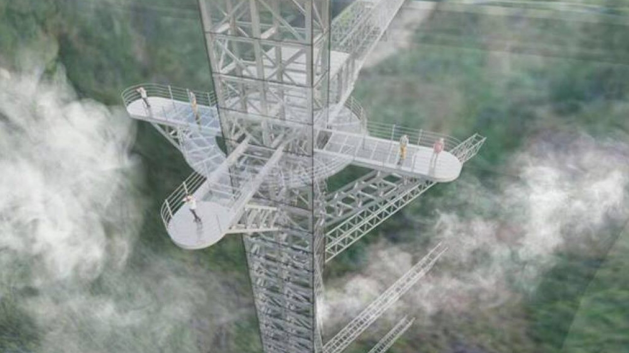 Hệ thống thang máy trong suốt ngoài trời nối liền với cầu kính Rồng Mây