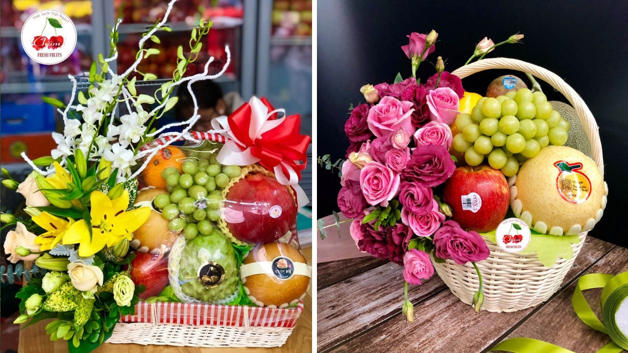 Giỏ trái cây tết tại Châm Fruits được kết hợp giữa trái cây và hoa tươi giúp giỏ thêm phẩn nổi bật ấn tượng