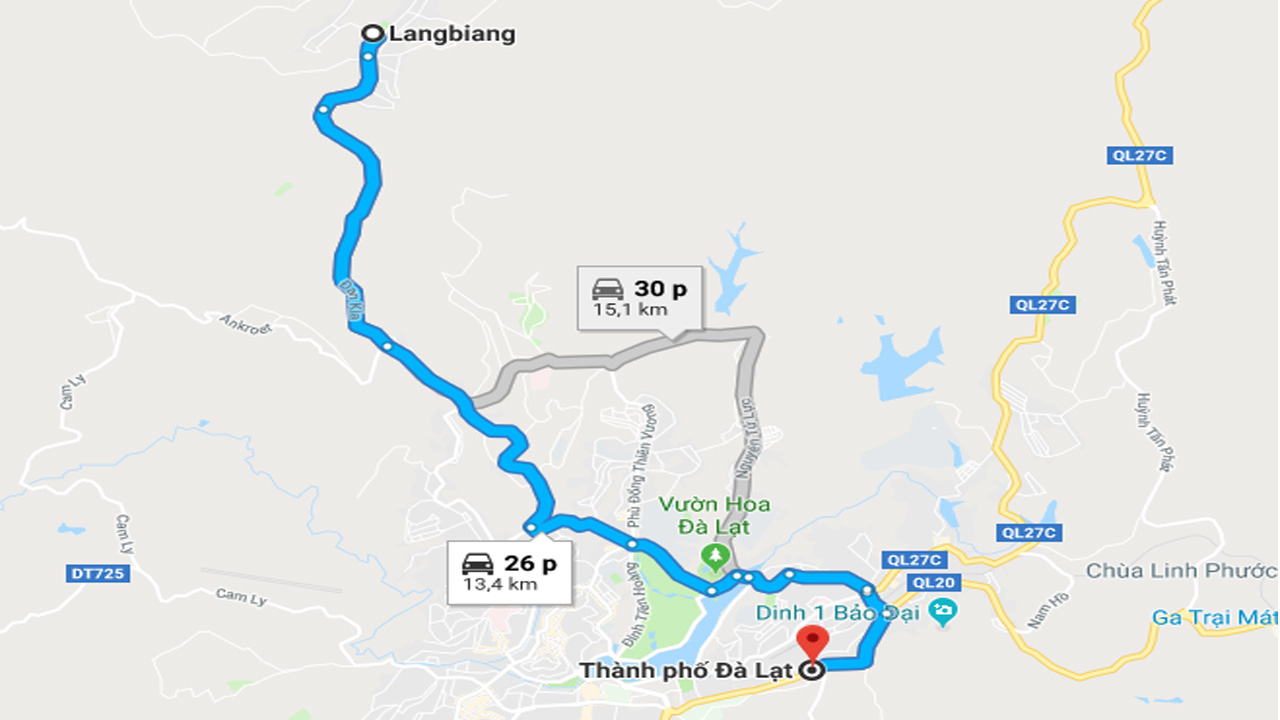 Đường lên Langbiang trên map