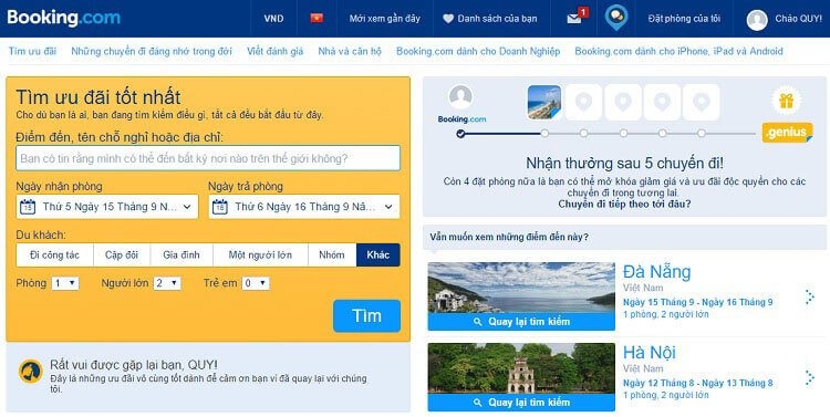 Giao diện website Booking.com