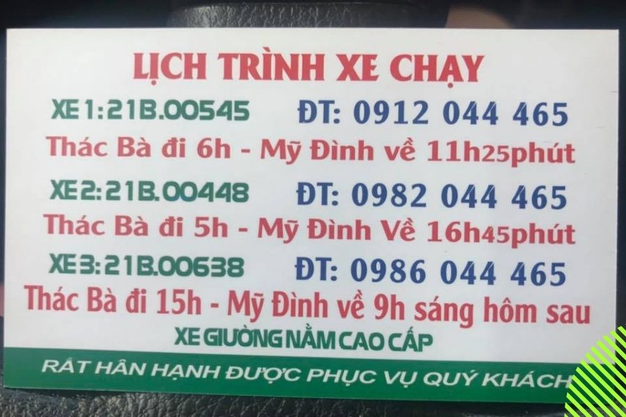 lịch trình nhà xe Nam Yến chạy