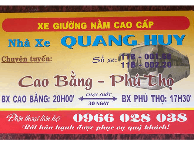 lịch trình nhà xe quang huy phú thọ cao bằng